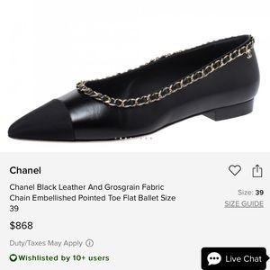 Chanel Black Leather  Grosgrain Fabric Chain Embellished Pointed Toe Flat Ballet